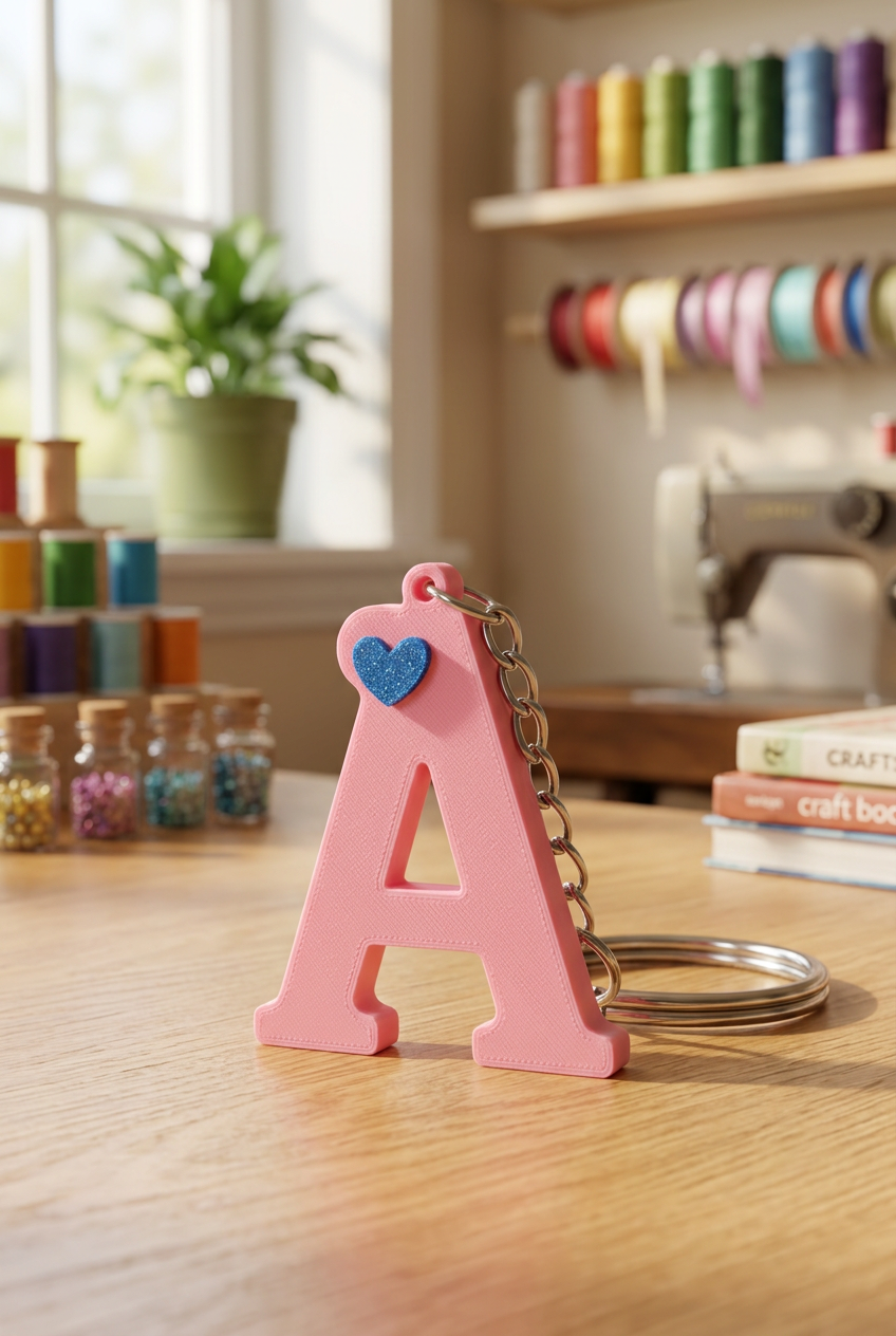 3D alphabet keychain displayed in a craft room