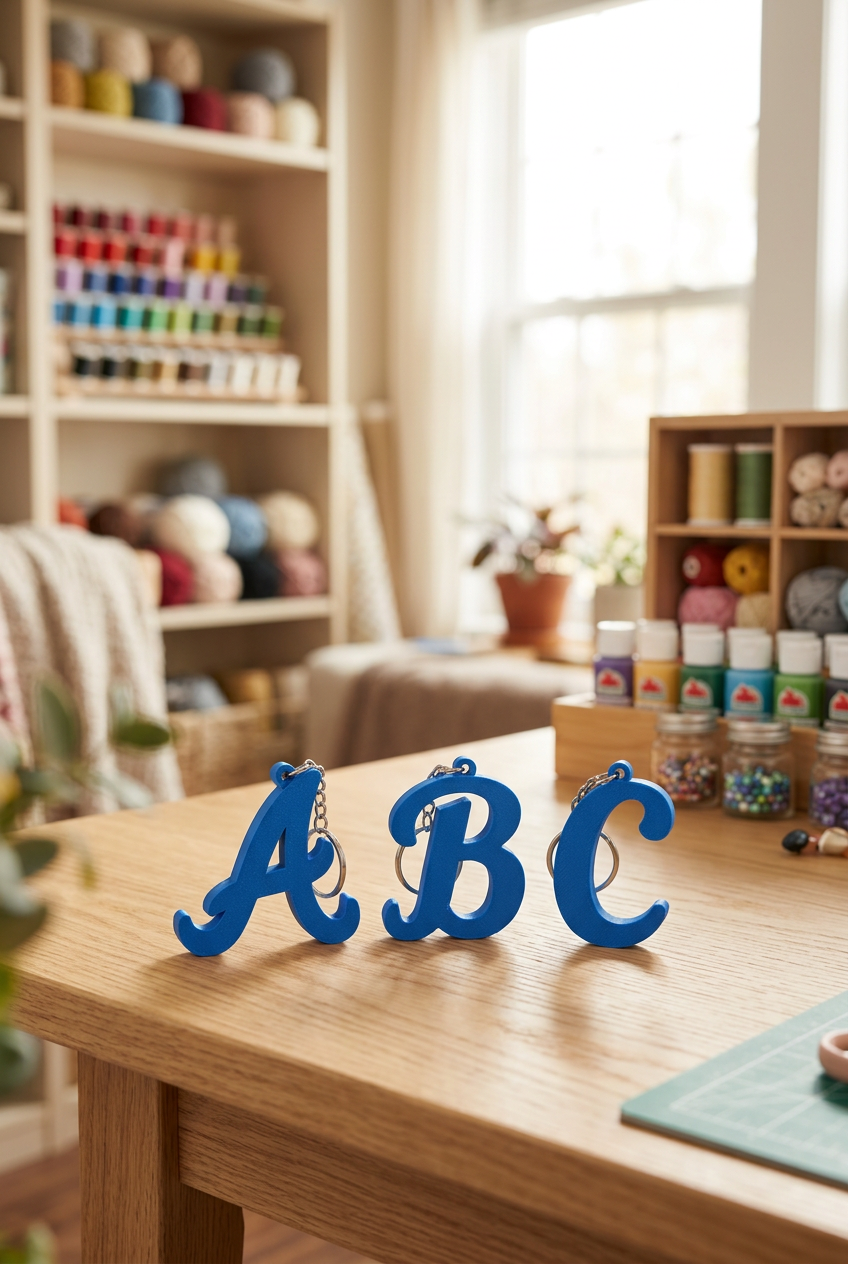 3D alphabet keychains displayed in a craft room