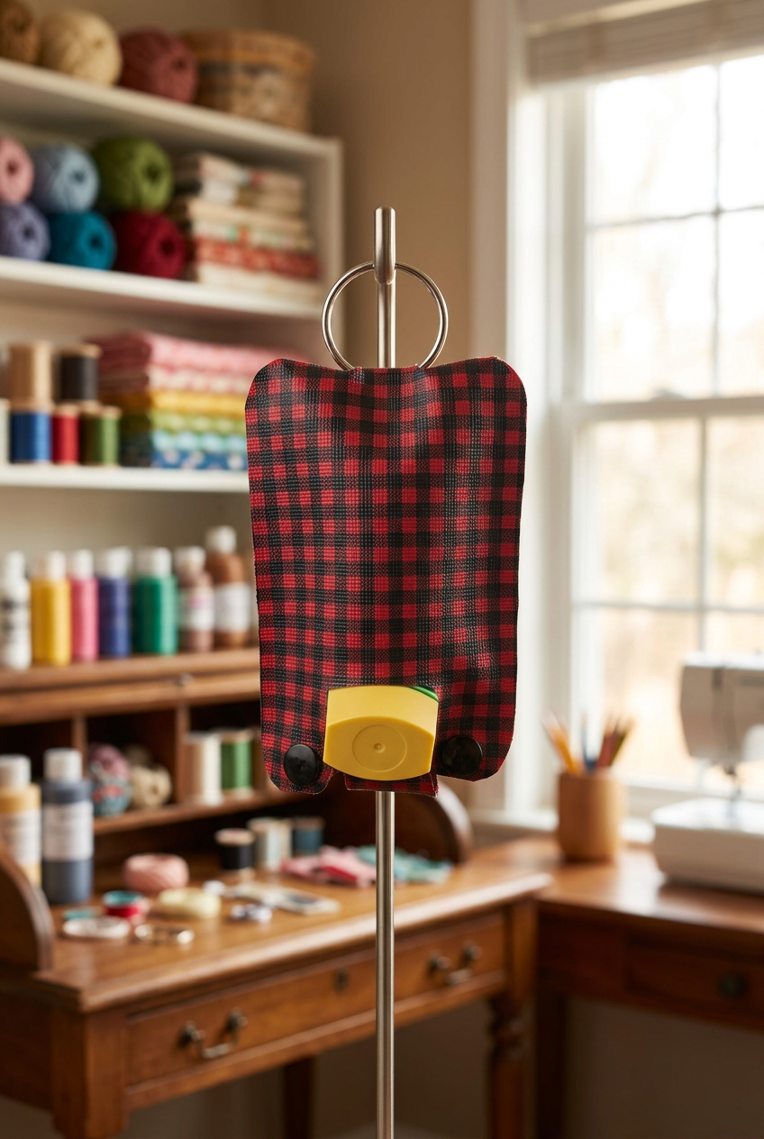 Asthma pump keychain holder displayed in a craft room