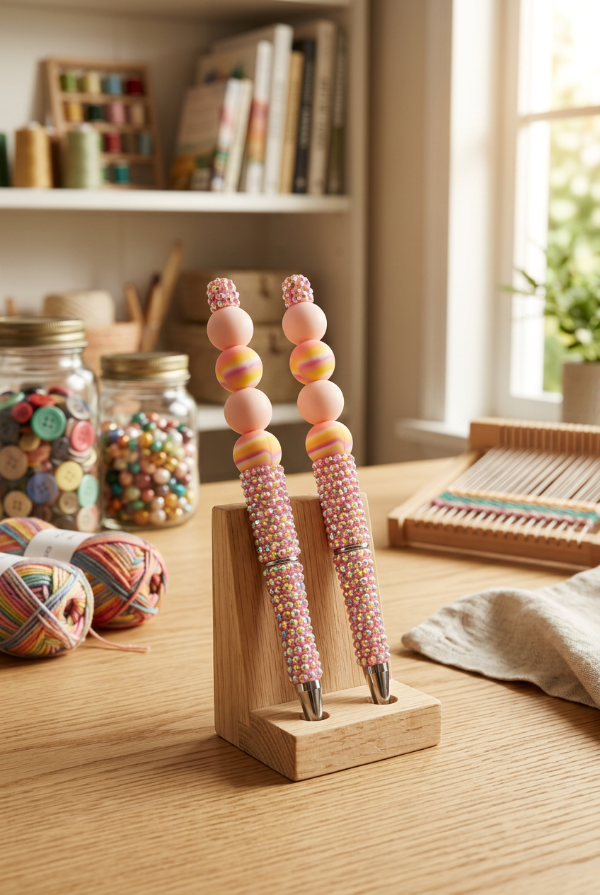 Beaded bling pens displayed in a craft room