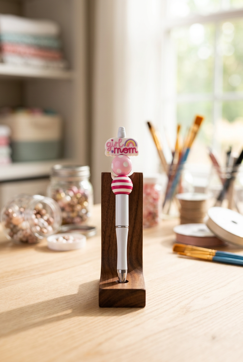 Handmade beaded pen displayed in a craft room