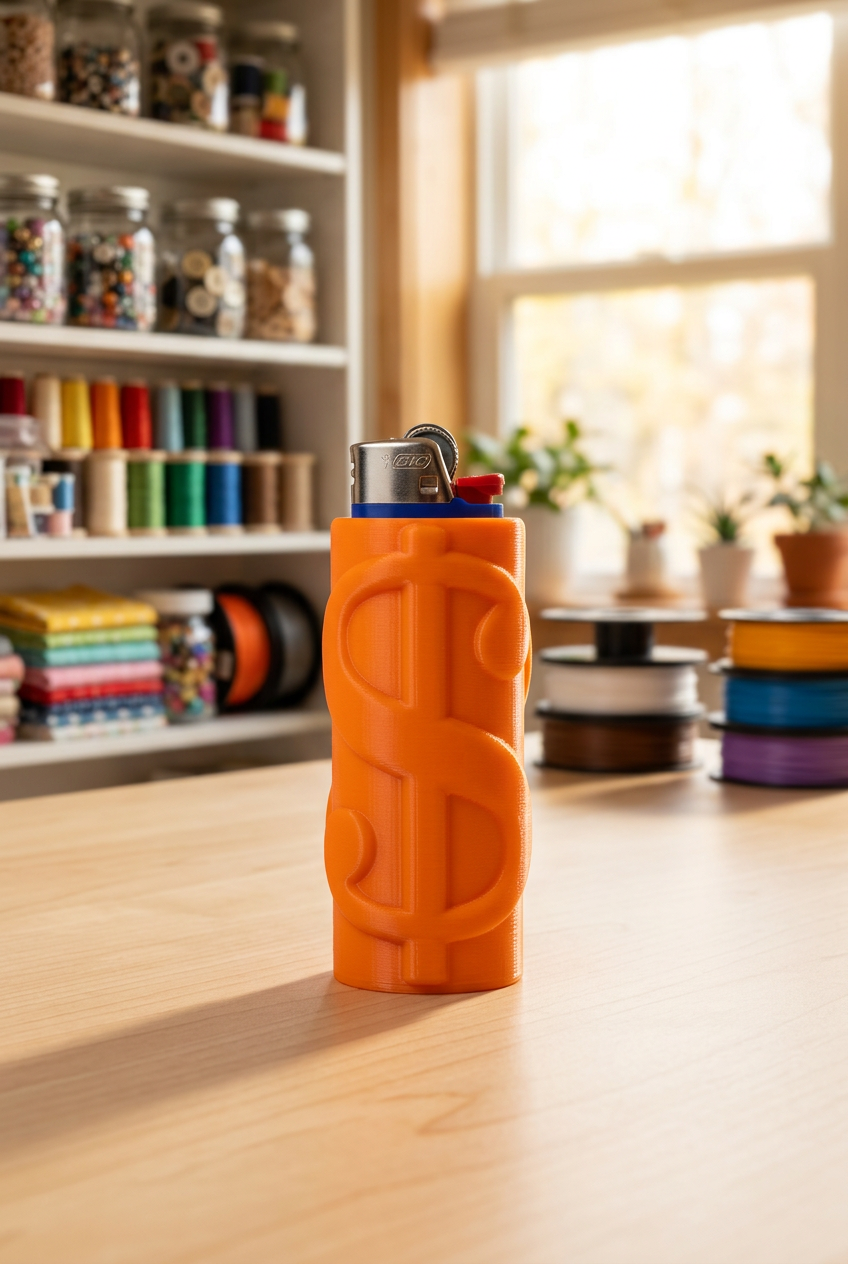 3D printed Bic lighter holder displayed in a craft room
