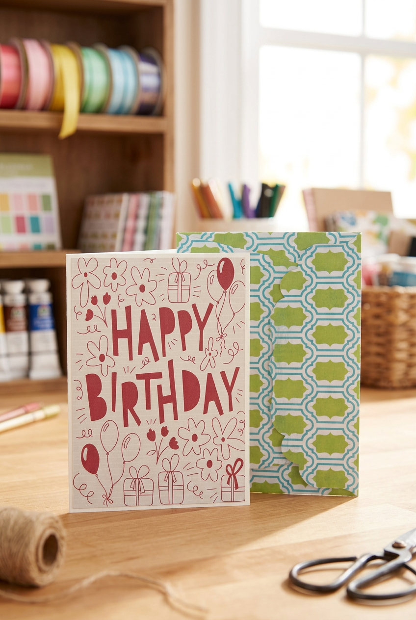 Handmade birthday greeting card displayed in a craft room