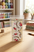 Handmade car coasters displayed in a craft room