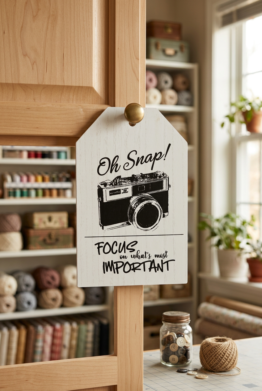 Handmade wooden door hanger displayed in a craft room