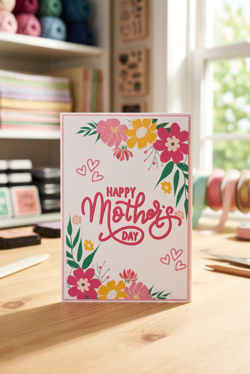 Handmade Mother's Day greeting card displayed in a craft room