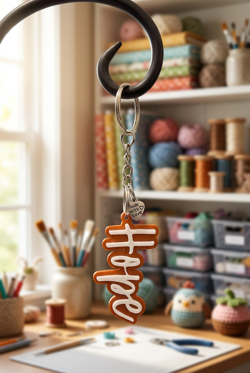Motivational keychain displayed in a craft room
