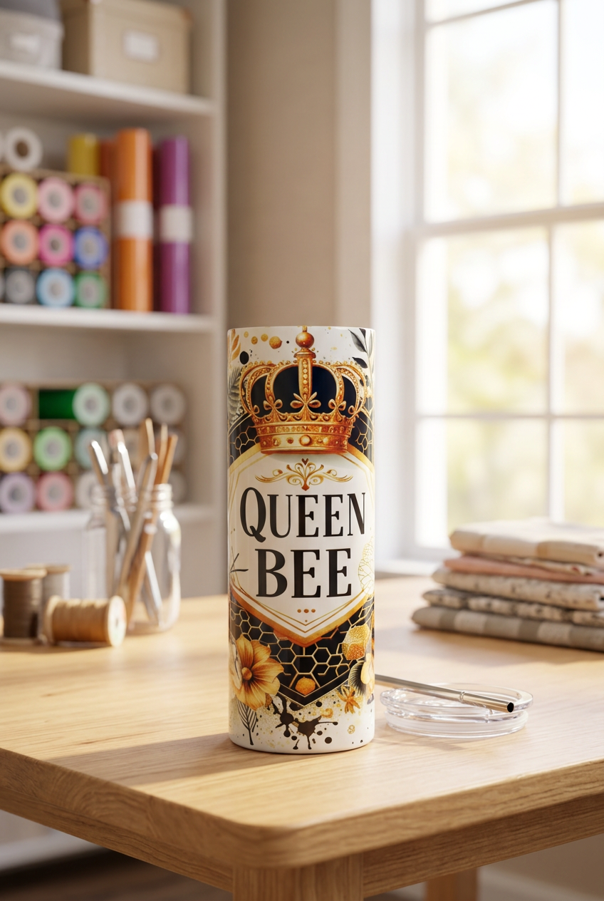 20oz skinny tumbler displayed in a craft room