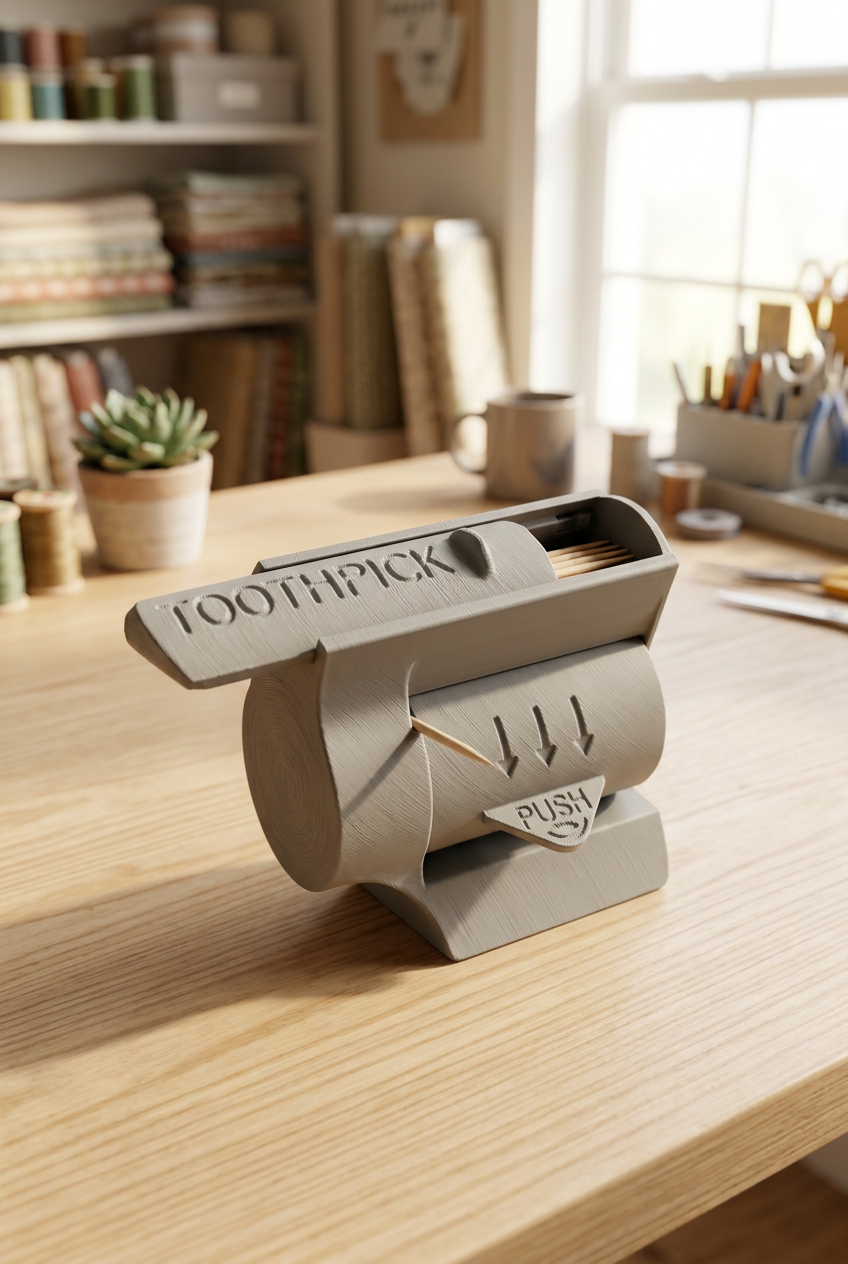 3D printed toothpick holder displayed in a craft room
