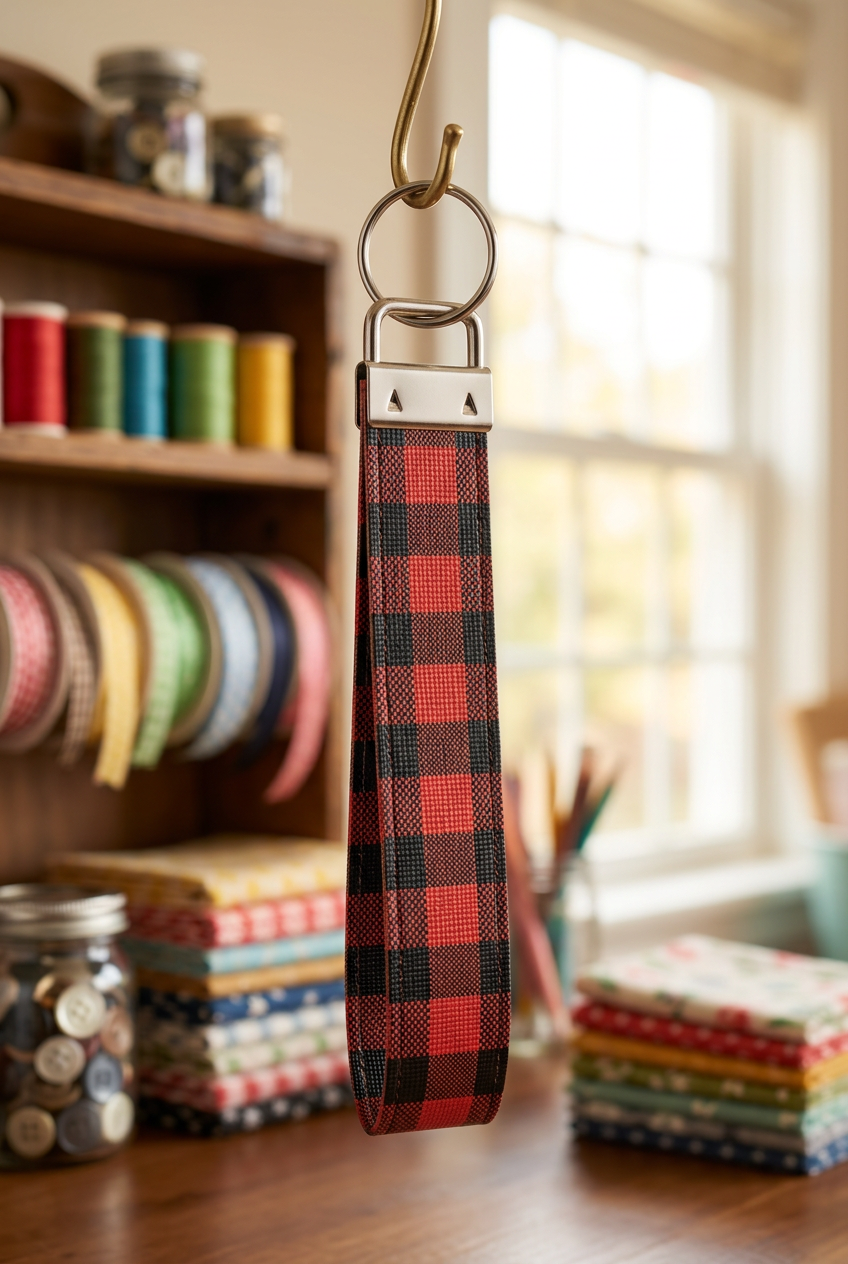 Checkered faux leather wristlet keychain displayed in a craft room